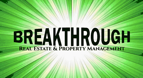 a green background with the words breakthrough real estate and property management