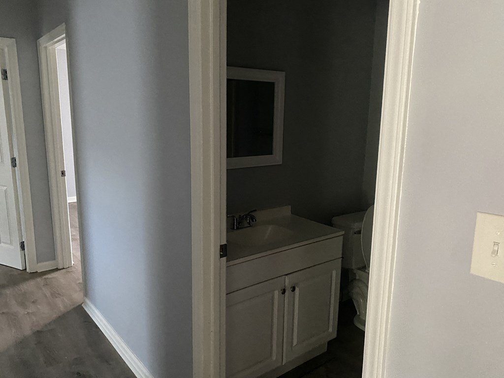 A bathroom with a sink and a cabinet.