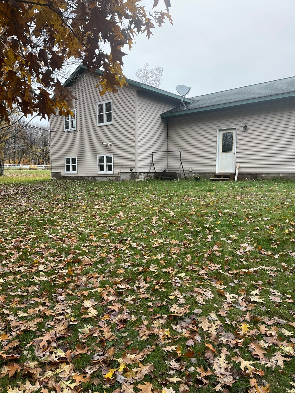 a house in the fall with leaves on the grass