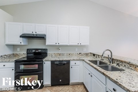 A kitchen with a black oven and a sink.