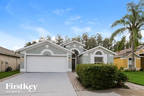 a house with a driveway and a palm tree