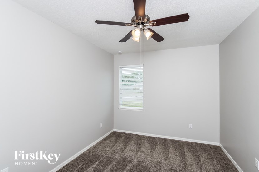 A room with a ceiling fan and a carpeted floor.
