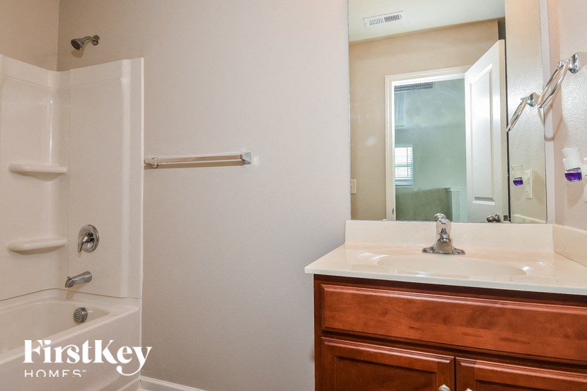 a bathroom with a sink and a shower and a mirror