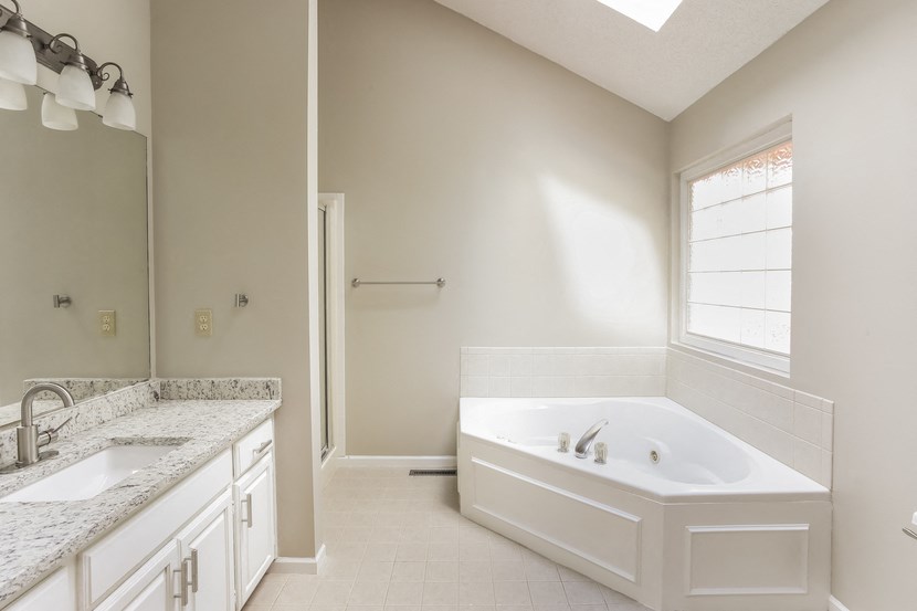 a bathroom with a tub and a sink and a mirror