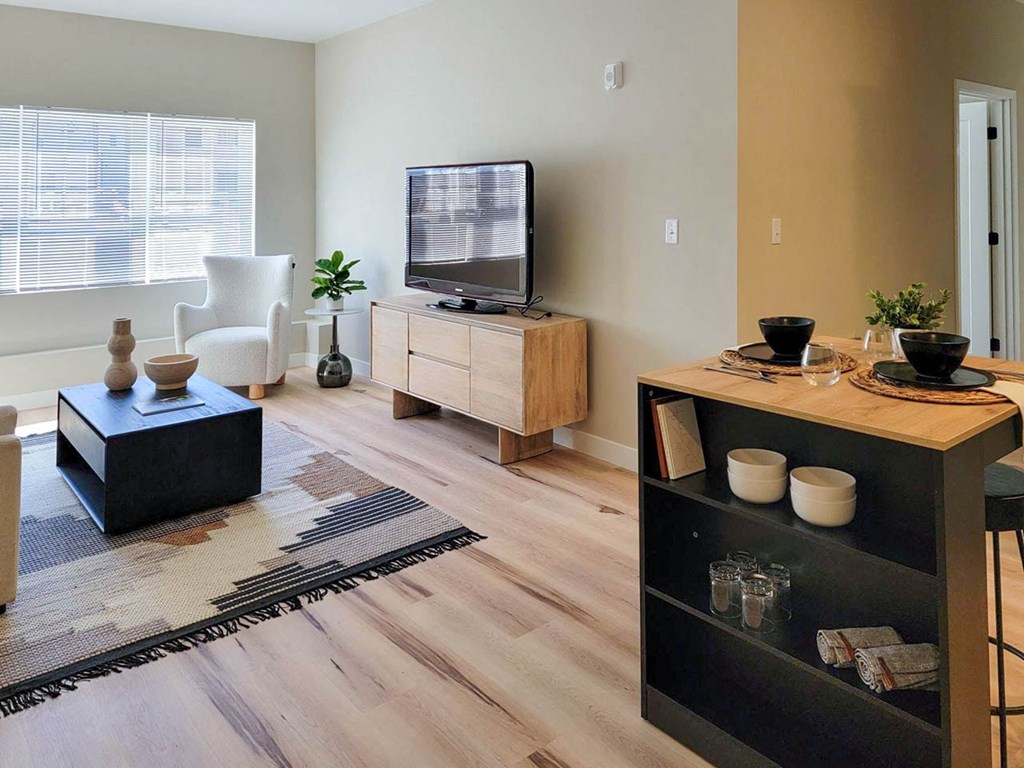 a living room with a tv on top of a cabinet