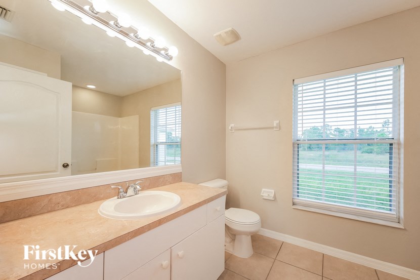 a bathroom with a sink and a toilet and a window