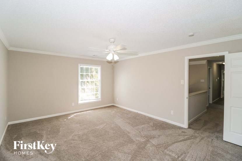 A room with a carpeted floor and a ceiling fan.