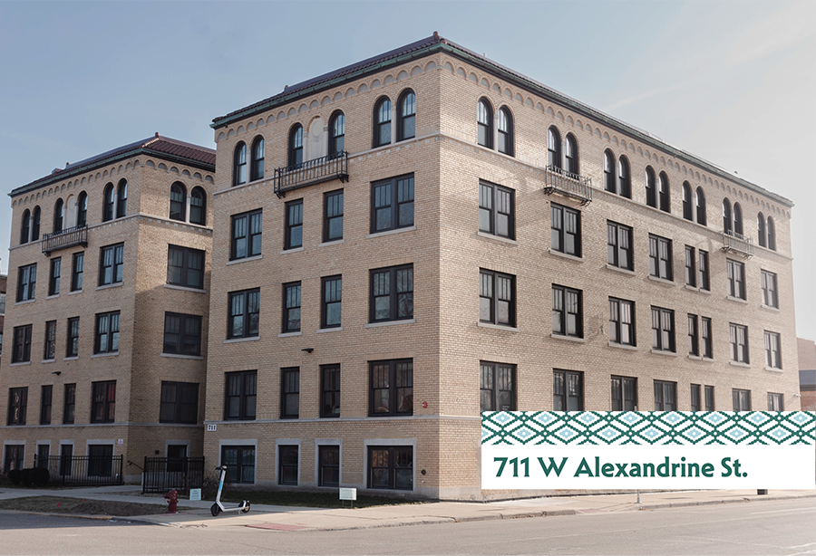 A large building with the address 711 W Alexandrine St. on the front.