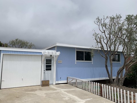a blue house with a white garage door and a tree