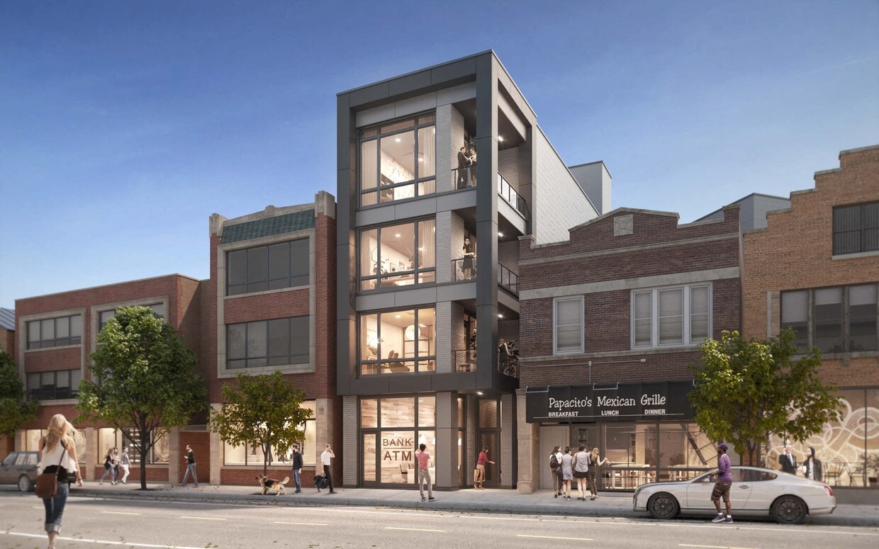 a rendering of a tall building on a city street