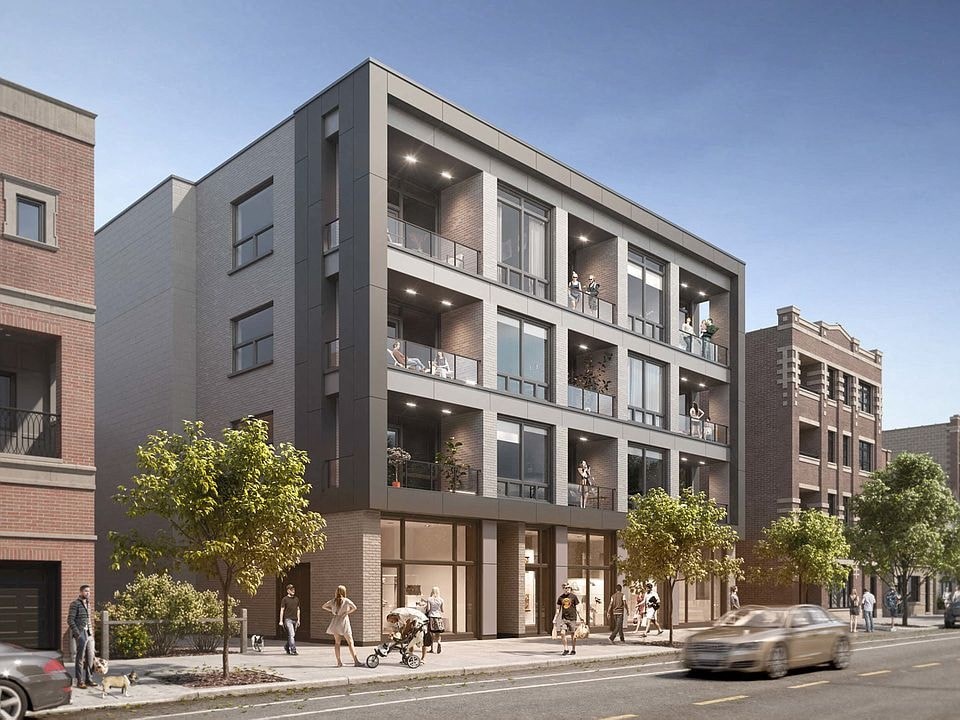 a rendering of an apartment building on a city street