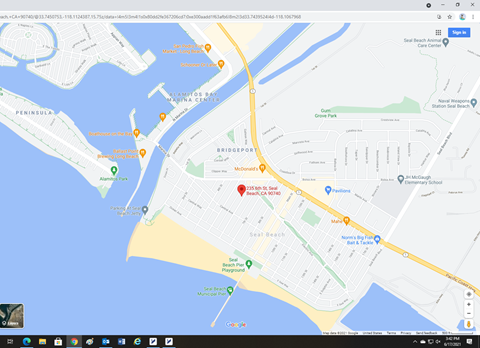 A map showing a coastal area with various locations marked, such as "Seal Beach Animal Care Center" and "Gunite Park".
