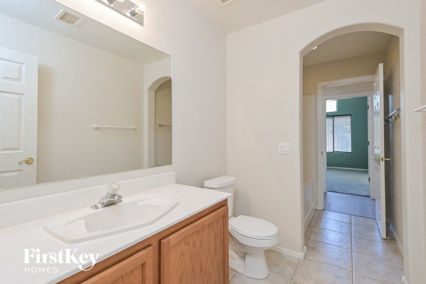 a bathroom with a sink and a toilet and a large mirror