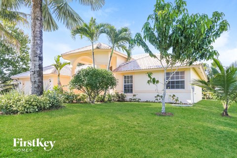 A house with a white exterior and a palm tree in front.