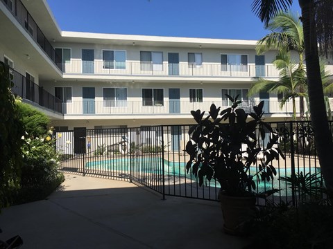 A pool is surrounded by a black fence and a building with balconies.