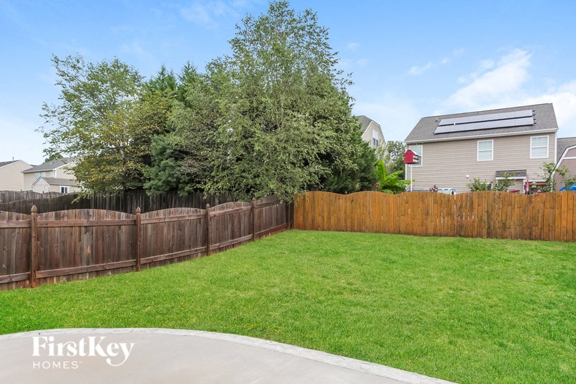 A backyard with a wooden fence and a green lawn.