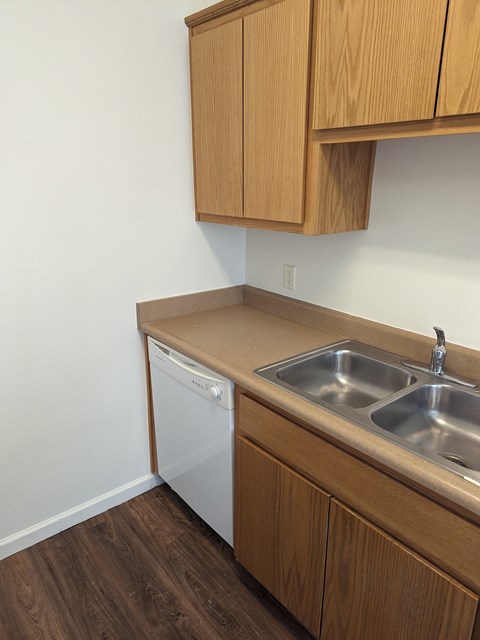 a kitchen with a sink and a dishwasher and wooden cabinets