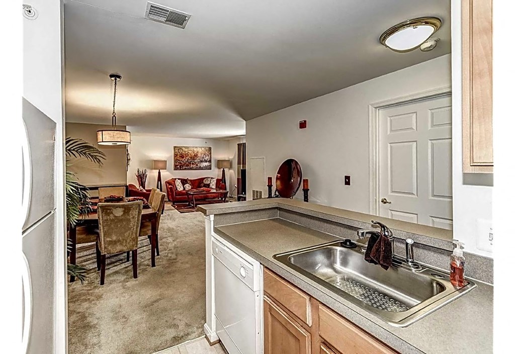 a kitchen and living room with a sink