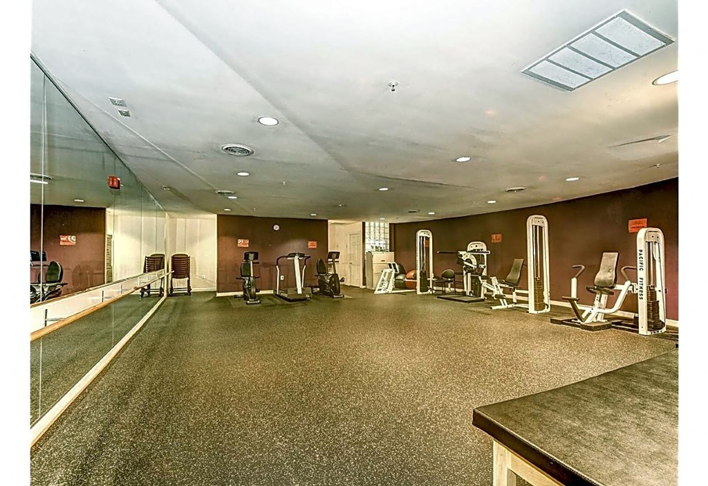a gym with a lot of exercise equipment and mirrors