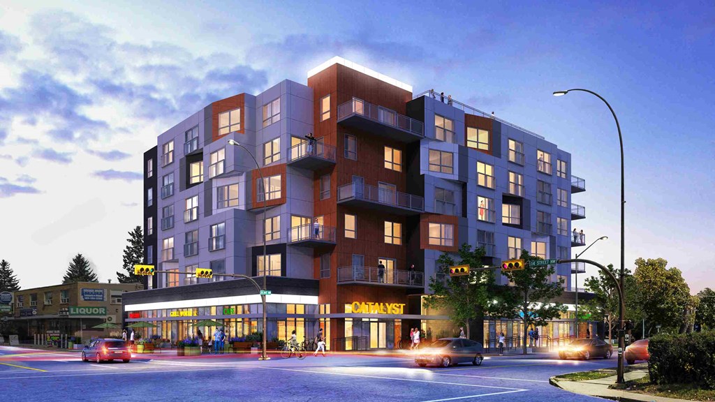 a rendering of an apartment building on a city street