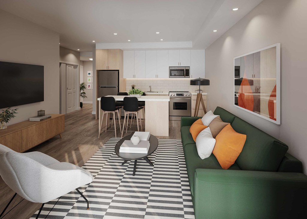 a living room and kitchen in an apartment