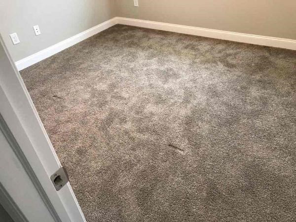 A room with a carpeted floor and a door on the left side.