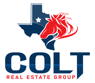 the logo for cold real estate group with a horse head on top of a cross