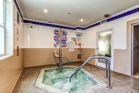 a jacuzzi tub in a bathroom with a glass door