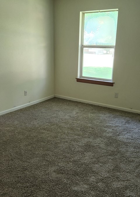 A room with a carpeted floor and a window.