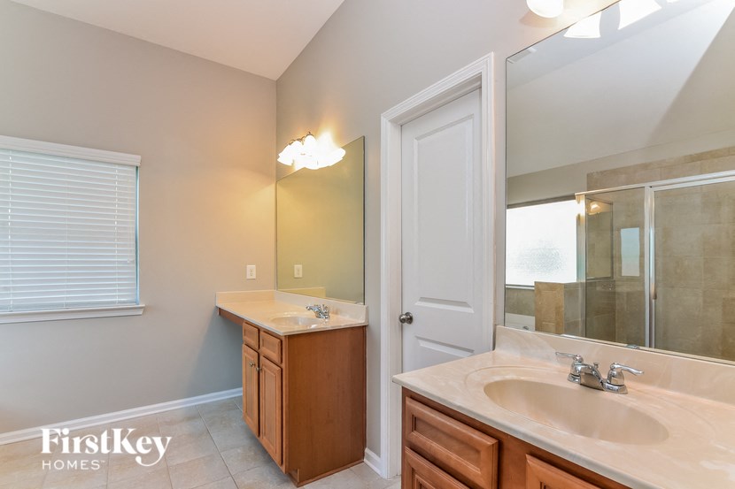 a bathroom with a sink and a shower and a mirror
