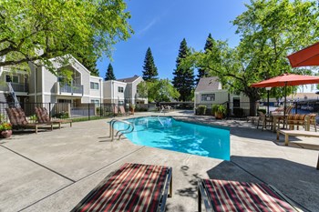 Pool Area with Trees, Red/White/Black Lines Runing Down Lounge Chairs and Apartment Exteriors - Photo Gallery 19