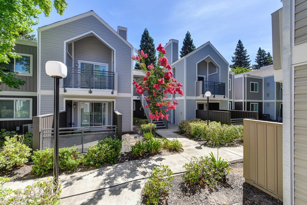Property Grounds with Walkway, Bushes and Street Lamps at Rush River Apartments, California, 95831