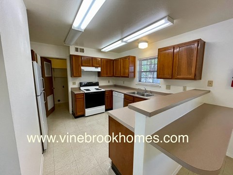 a kitchen with wooden cabinets and a counter top