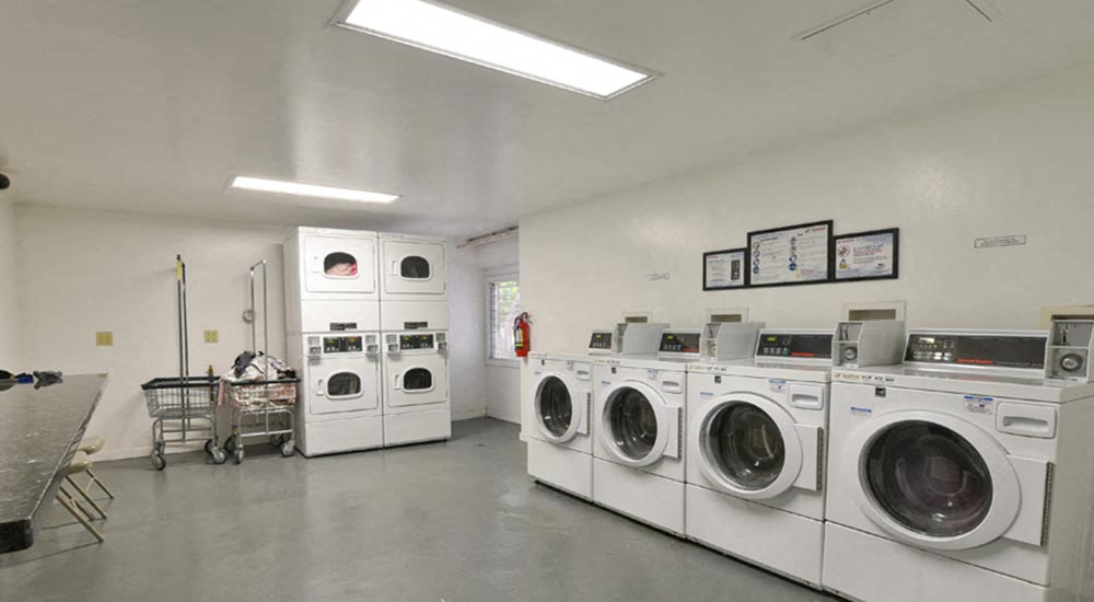 a group of washing machines and dryers in a laundry room