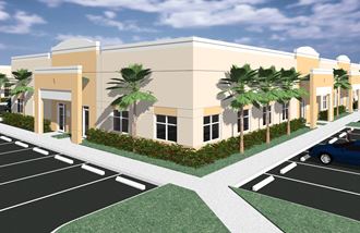 a rendering of a building with palm trees in front of it