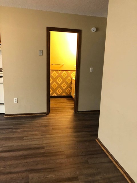 a view from the kitchen into the living room with the door open