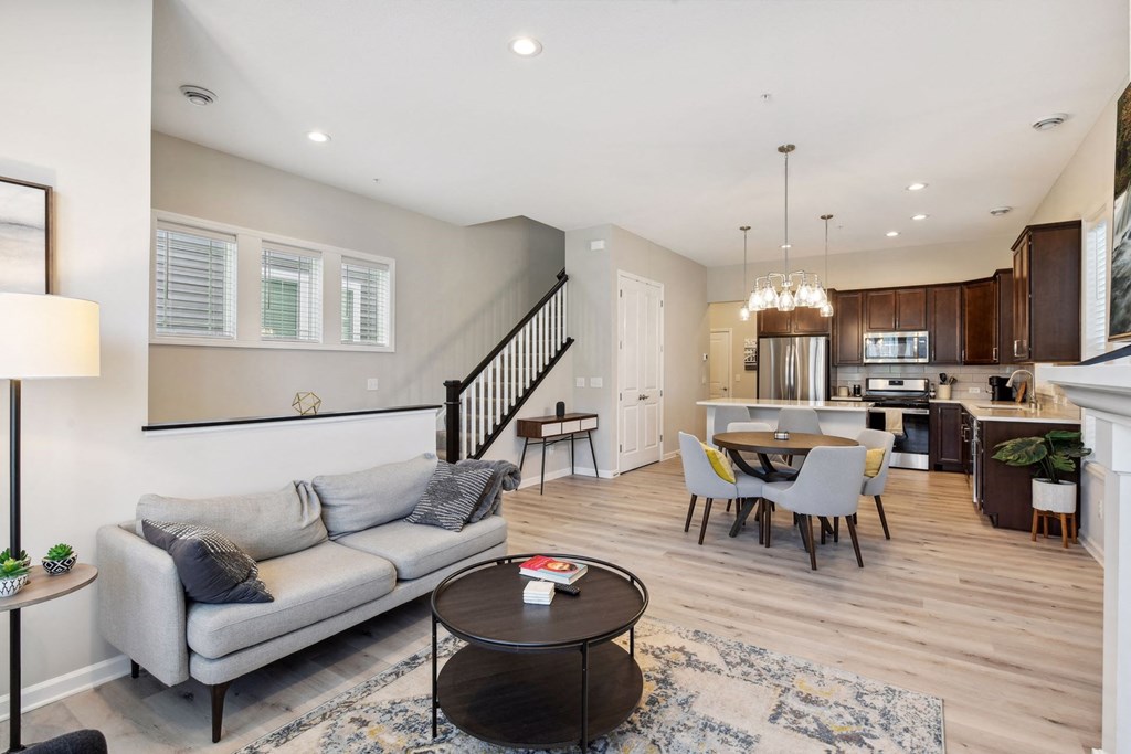 a living room with a couch and a table