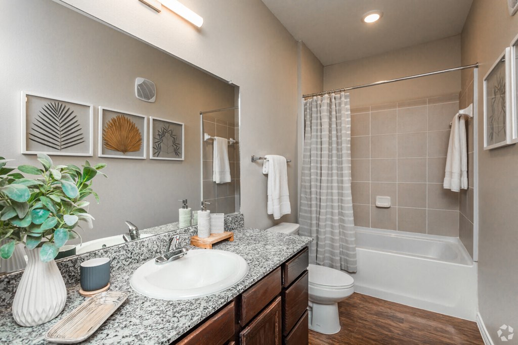 a bathroom with a sink and a shower and a toilet