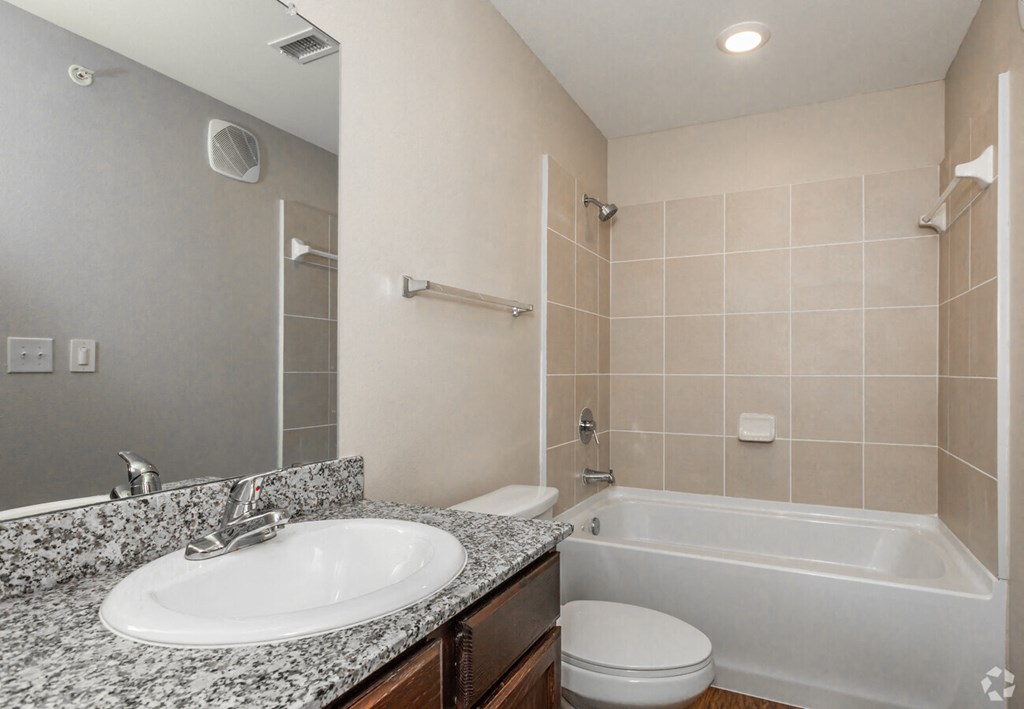 a bathroom with a sink and a tub and a toilet