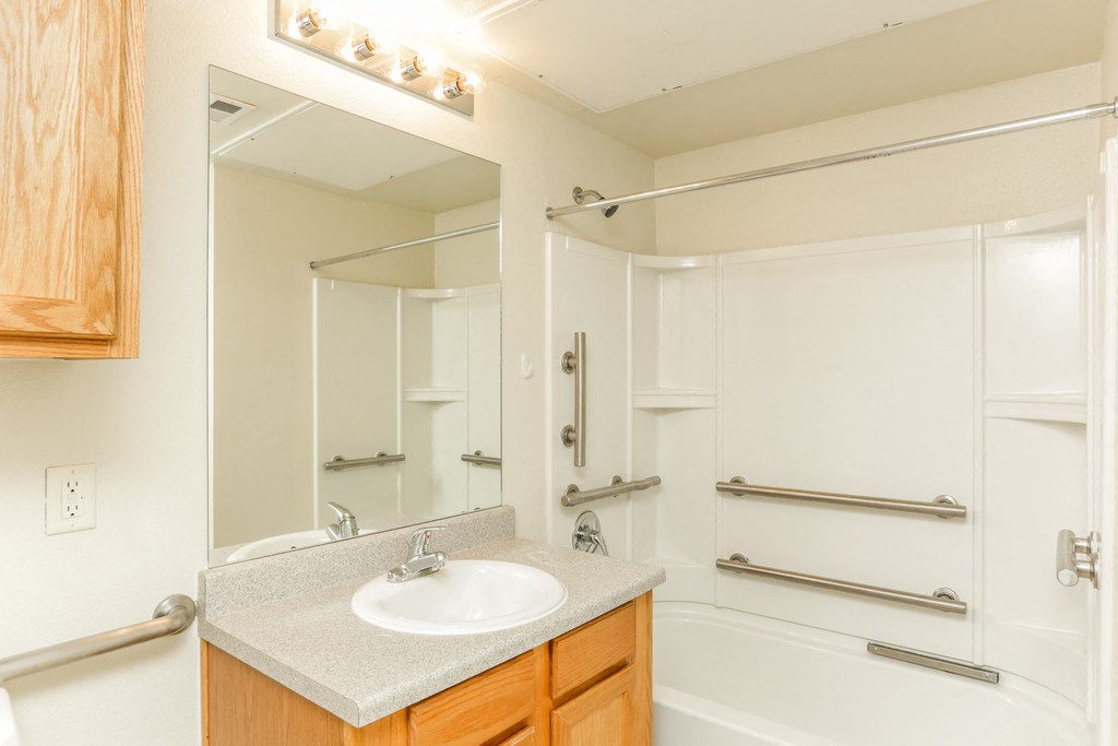 a bathroom with a sink and a shower and a mirror
