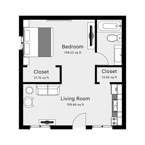 a floor plan of a small room with a bedroom and a living room