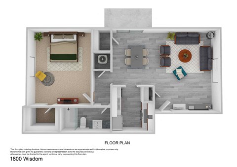 a stylized floor plan for a 1 bedroom192 sq ft apartment