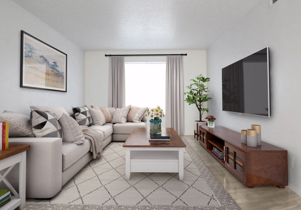 a living room with a couch and a coffee table and a television