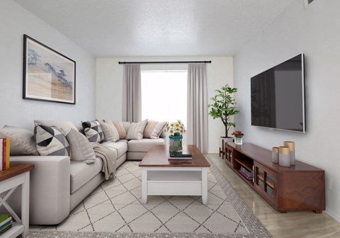 a living room with a couch and a coffee table and a television