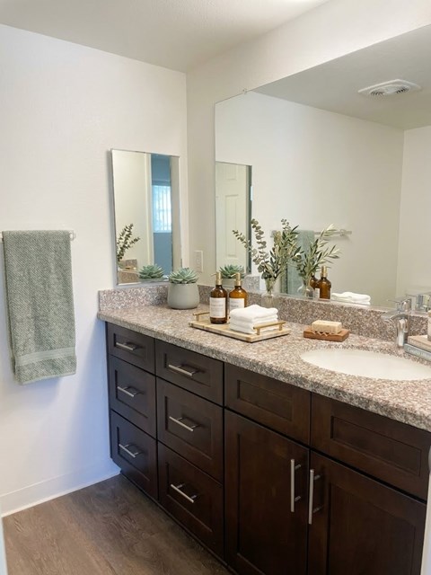 A bathroom with a counter, sink, and mirror.