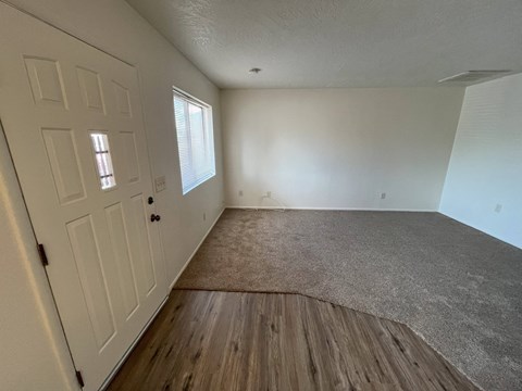 A room with a white door and a window with blinds.