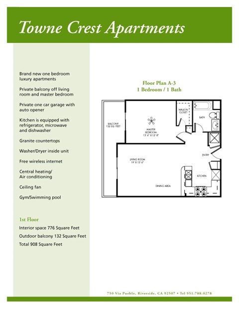 A page from a brochure for Towne Crest Apartments, showing a floor plan and a list of amenities.