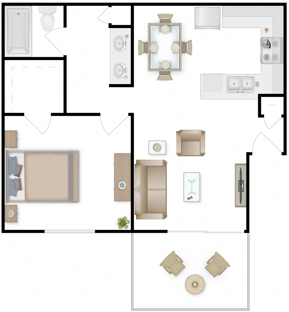 1 Bed 1 Bath furnished floor plan