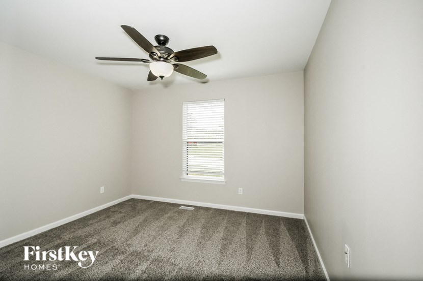a bedroom with a ceiling fan and a carpet