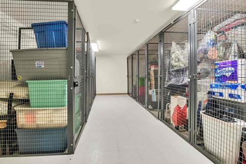 A long hallway with a series of cages on the right side.